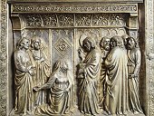 St John and St James' mother recommending her children to Jesus, panel of altar of St James, by Leonardo di Ser Giovanni (active 1358-1371), silver foil with embossed decoration, Chapel of Crucifix, Cathedral of St Zeno, Pistoia, Italy, 14th century